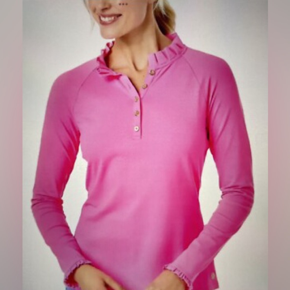 NWT Lilly Pulitzer Luxletic Hutton Polo SPF 50 Lilac Rose Ruffled Top Size XL - Picture 2 of 5